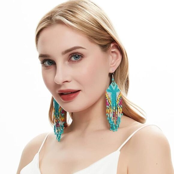 Southwestern Boho Seed Bead Tassel Dangling Statement French Wire Hook Earrings - Picture 5 of 7